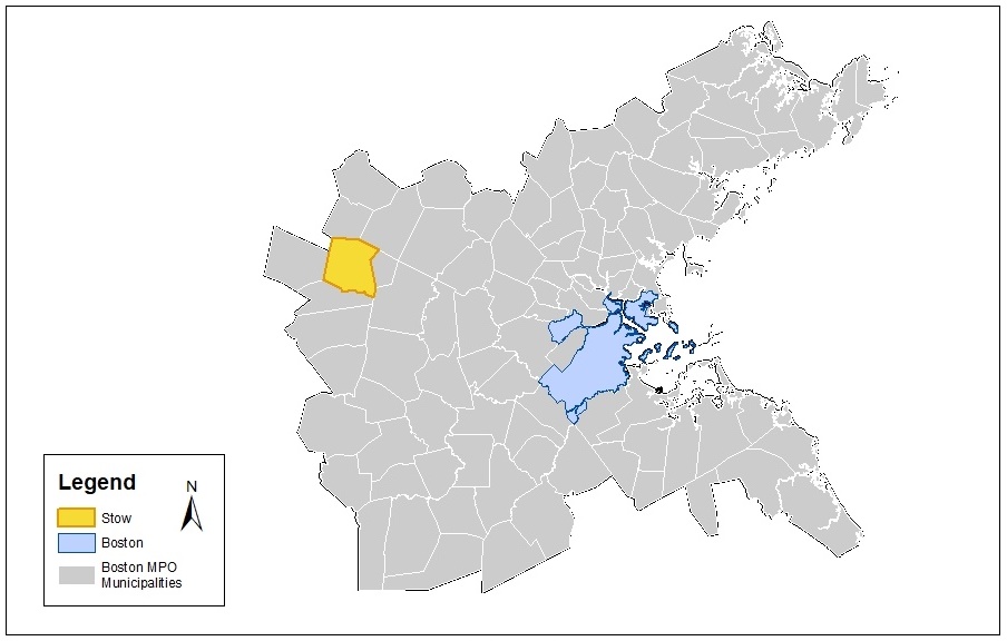 Figure 1 - Stow within the Boston MPO Region. A map of the Boston MPO Region that highlights the location of the Town of Stow relative to the City of Boston. Figure 1 - Stow within the Boston MPO Region. A map of the Boston MPO Region that highlights the location of the Town of Stow relative to the City of Boston.